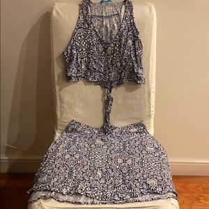 Two piece navy blue print skirt set